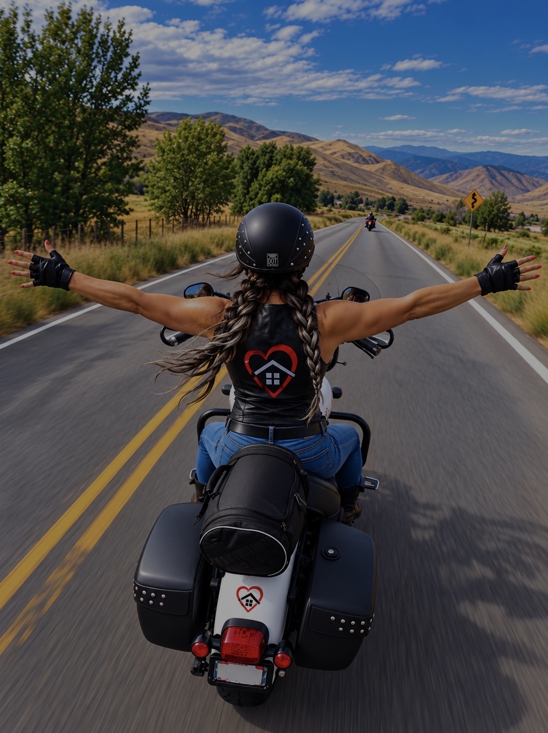 Windy riding her Harley down an open road